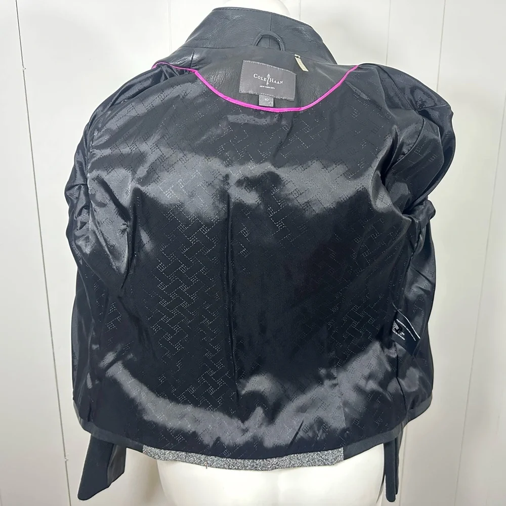 Cole Haan Sz 10 Gray Black Lambskin Leather Wool Blend Tweed Full Zip Jacket - Picture 8 of 14